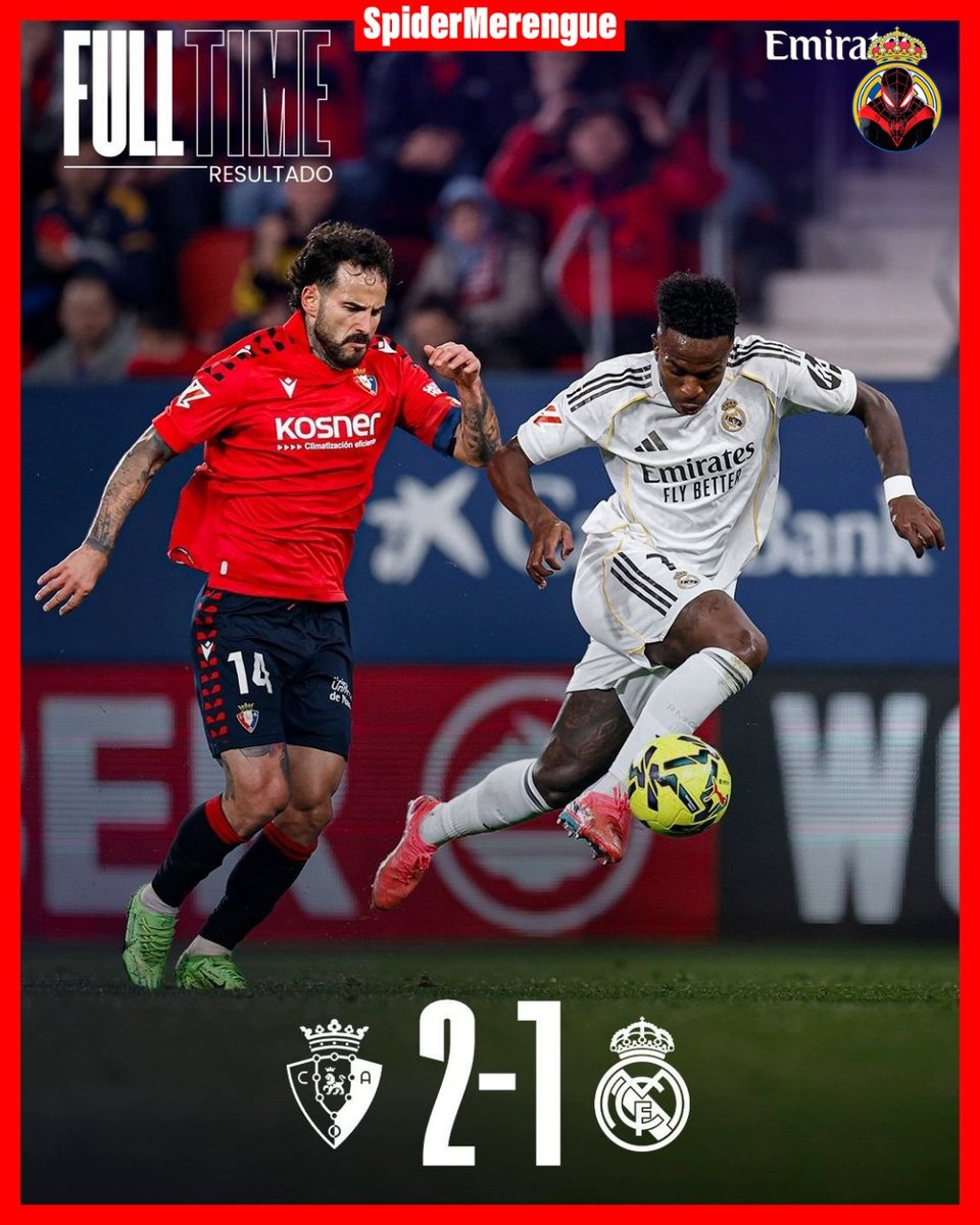 Toca hacer autocrítica 🏳️

Derrota merecida en Pamplona.

El equipo no supo leer los tiempos del partido y pagó cara su falta de solidez defensiva ante un Osasuna que creyó más. 

El gol de Raúl en el descuento es el castigo a un partido gris. A reflexionar.

#RealMadrid