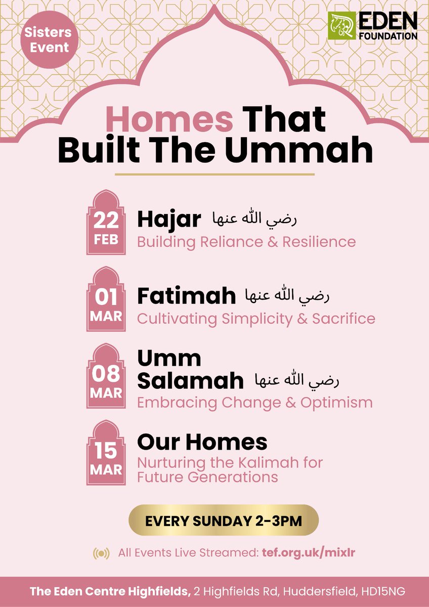 TEFHudds's tweet image. Assalamu Alaykum 

*Sisters Event*

When attending the event, please kindly note the following:

•Please use the cobble-side entrance.

•Kindly park considerately in the designated car park.

JazakAllah
#edenfoundation #Highfields #ummah