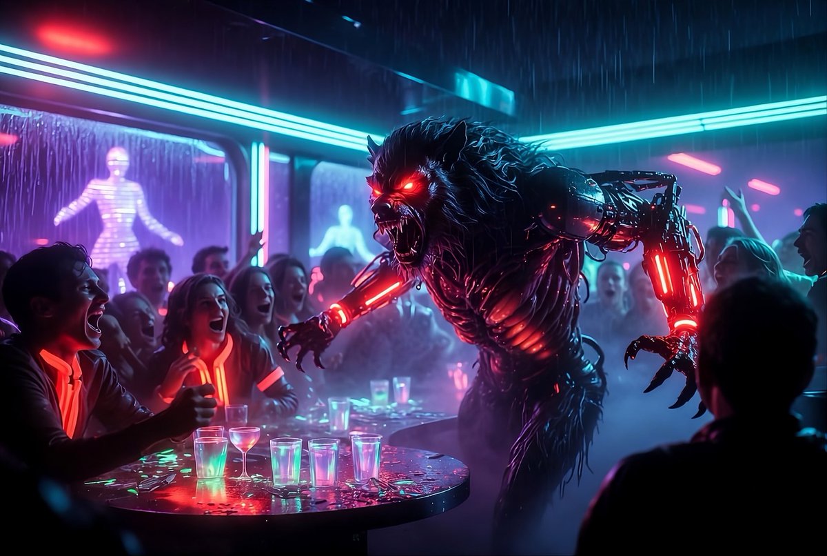 PromptWizard's tweet image. Remember… Be kind to your Bartender this weekend, you never know…

Image Prompt Below 👇 

#GrokImagine #AIArt #Cyberpunk #Werewolf

dynamic interior shot of fully transformed cyber-werewolf rampaging into retro-futuristic nightclub at night, dark wet black fur matted with