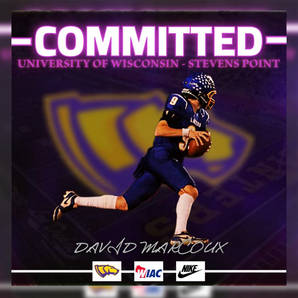 9davidmarcoux's tweet photo. I would like to announce my commitment to play football for the next 4 years at the University of Wisconsin-Stevens Point! Thank you God, family, coaches, mentors, and teammates.

@UWSPFootball @UWSPAthletics @FootballWiac @shaunb8 @CoachVenne https://t.co/HpMp1KmTFK