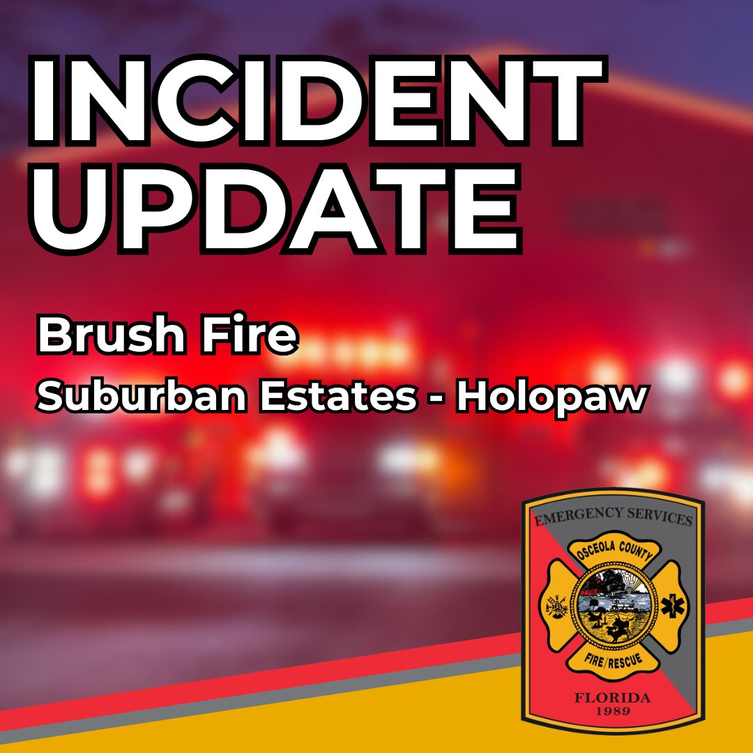 OSCFR's tweet photo. OSCFR and Florida Forest Service responding to a brush fire in the Suburban Estates area near Holopaw. Containment operations ongoing; campers and visitors at nearby campsites should exercise caution and follow directions from emergency personnel if they are in a risk area. https://t.co/DXarkz6ePI