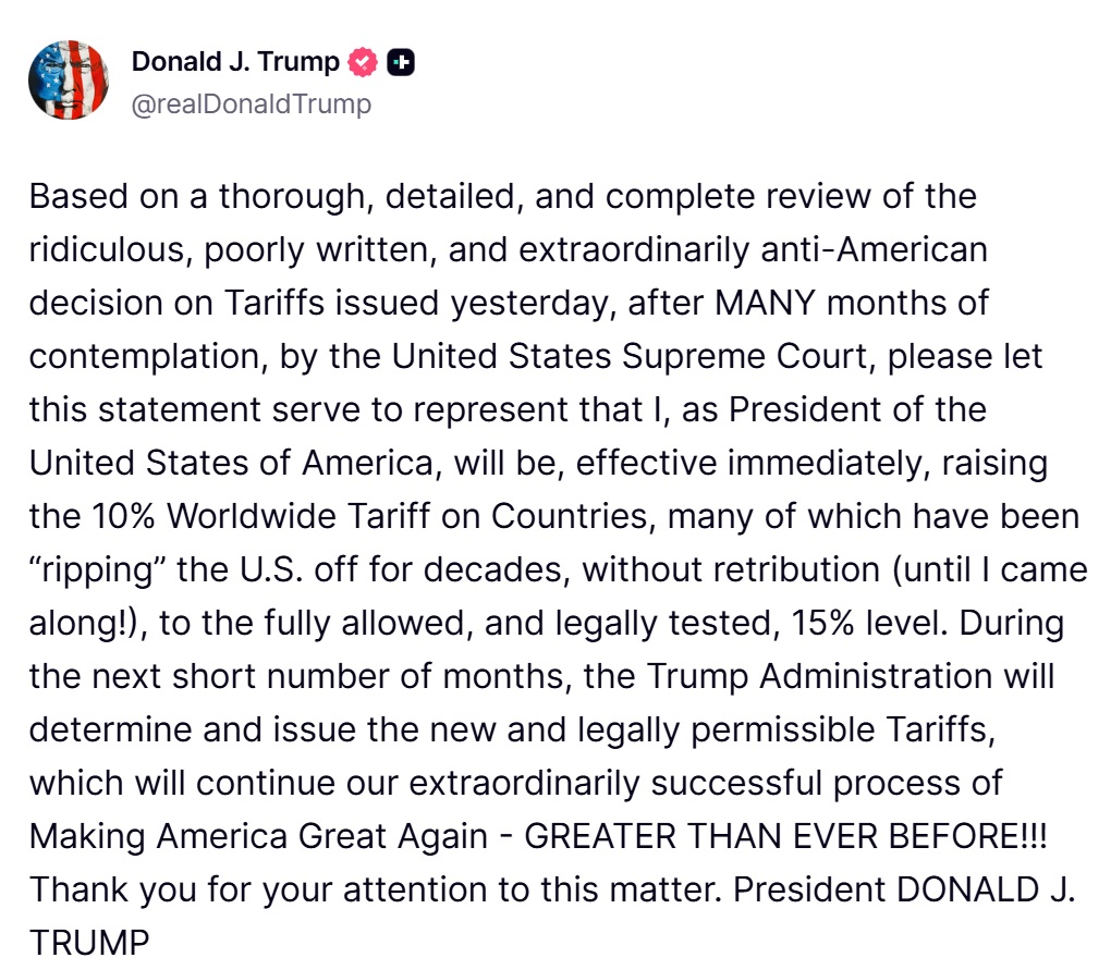 JesseCohenInv's tweet photo. 🚨Trump raises new global tariffs to 15% from 10% after the Supreme Court overturned his prior tariffs.

Monday morning selloff? https://t.co/HPKTBLzCes