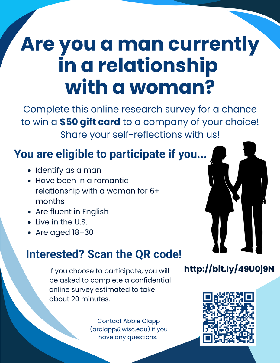 ClappAbbie's tweet photo. Our lab is recruiting young men who are in a relationship with a woman (6+ months) to participate in a ~20-minute online survey study! Participants can enter to win a $50 gift card! 

Click here to enter the survey: https://t.co/ubknQ5lJBm https://t.co/ytnwsylGQE