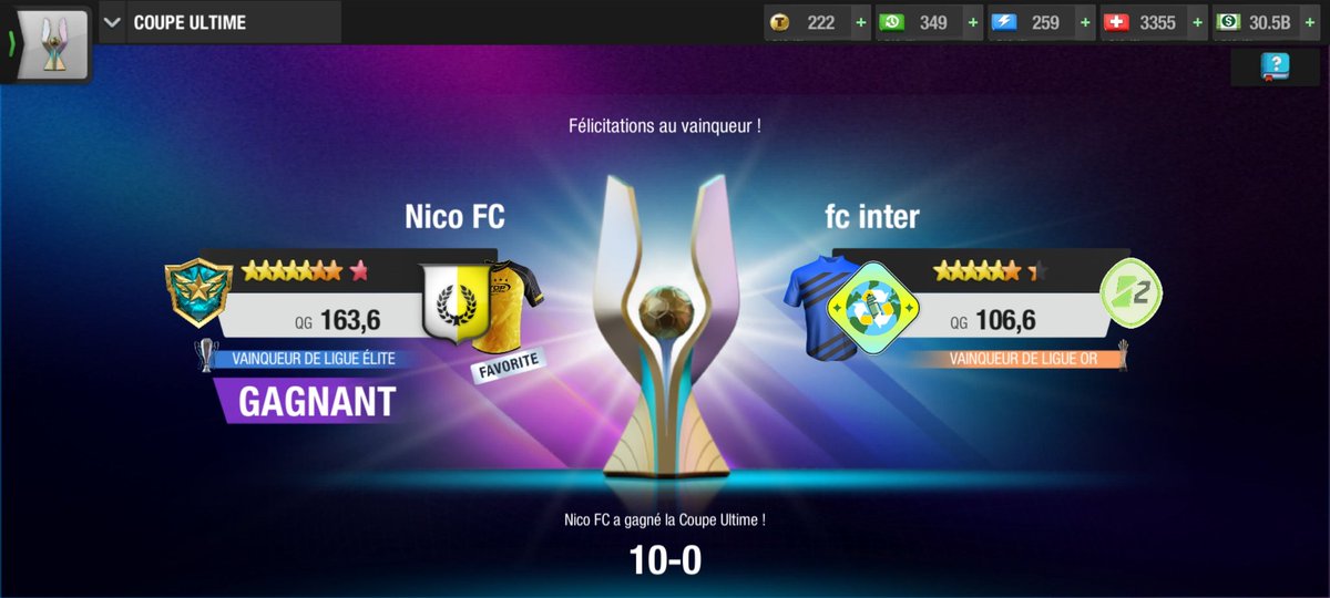 Coupe Ultime: CHAMPIONS! Nico FC ne fait qu'une bouchée de son adversaire en s'imposant 10-0! Triplés de Casadamont et de Llanos, doublé de Feneni, buts de Helal et de Mercheyer.
Nico FC décroche son 2eme quadruplé de son histoire ! #TopEleven