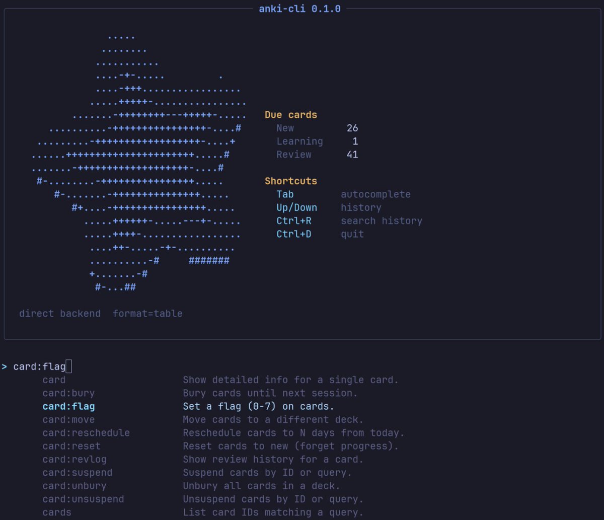 ubermenchh_'s tweet photo. Saw Obsidian CLI and decided to make one for Anki.

> Manage cards, decks, reviews from the CLI
> Uses both AnkiConnect and direct db methods depending on whether Anki Desktop is running or not. https://t.co/w6mwcKJkM8