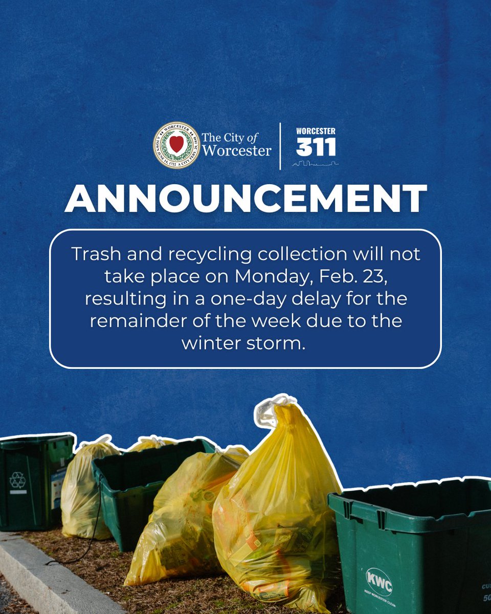 Trash and recycling collection will not take place on Monday, Feb. 23, resulting in a one-day delay for the remainder of the week due to the winter storm.