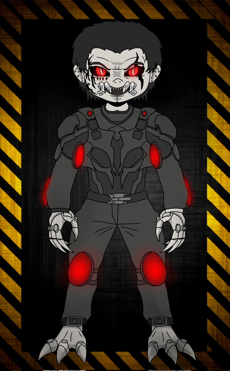 He is Tauron, hunting and hacking any human defense system , He can absorb energy and electric fields with his hands, which recharge his advanced body parts. And when activated, they generate a strong expansive wave, They destroy everything. 

#Angorwatch #Tauron #Oc