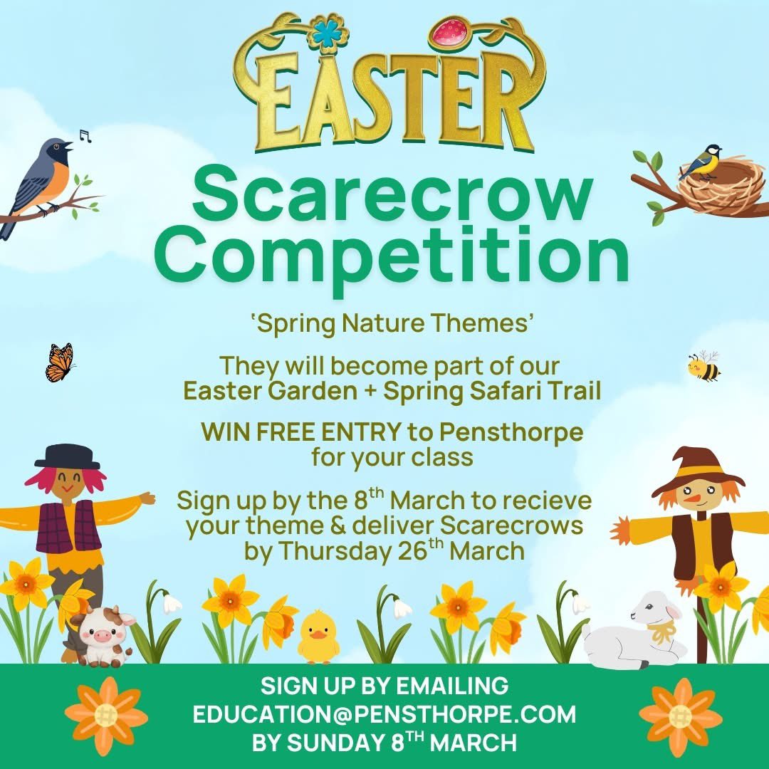 Pensthorpe's tweet photo. Calling all schools &amp; local community groups! 🎨🌼

This Easter, we’re inviting you to take part in our Spring Nature Scarecrow Competition! 🌷🐝🐣

Create your very own nature inspired scarecrow, to be displayed during Easter! 

Enter by emailing ➡️ education@pensthorpe.com https://t.co/JOPYvPUyst