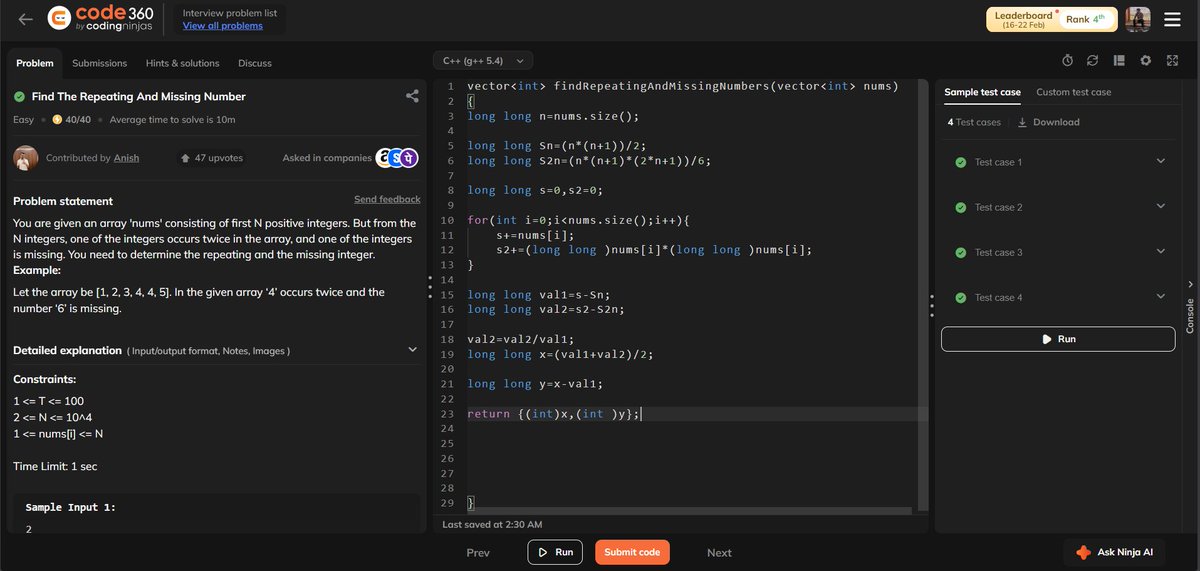 shivam21102005's tweet image. 🚀 Day 31/365 – #365DaysOfCodeSolved: 🔎 Find Missing &amp;amp; Repeating Number🔹 Used mathematical formulas
🔹 Sum of first n numbers
🔹 Sum of squares of first n numbers
🔹 Derived equations to find both values⚡ O(n) time | O(1) space
#DSA #ProblemSolving #Cplusplus #LeetCode