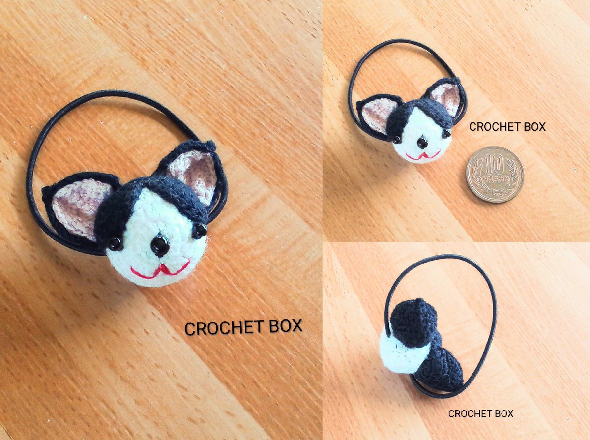 再販品の編みぐるみ ハチワレ猫ちゃんのヘアゴム仕上がりました