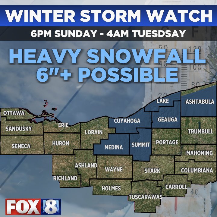 ‼️ ❄️ WINTER STORM WATCH ❄️ ‼️

❄️ Late Saturday Night – Sunday:
Light snow showers develop and continue through much of Sunday.

❄️ Sunday Night – Monday:
Bands of moderate to heavy lake enhanced develop.

‼️ 📏 ❄️ Some spots in the watch area could see 6”+