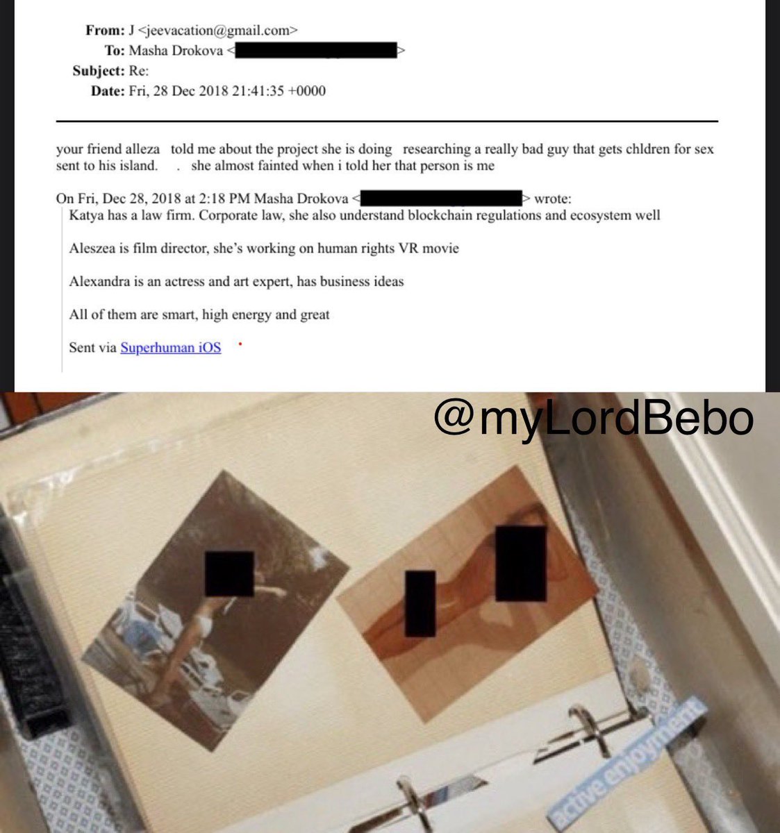 Traducción: “Tu amiga Alleza me contó del proyecto que está haciendo: investigando a un tipo realmente malo que consigue niños para sexo y los manda a su isla. … ella casi se desmaya cuando le dije que esa persona soy yo”.

Epstein burlándose directamente de que una directora de