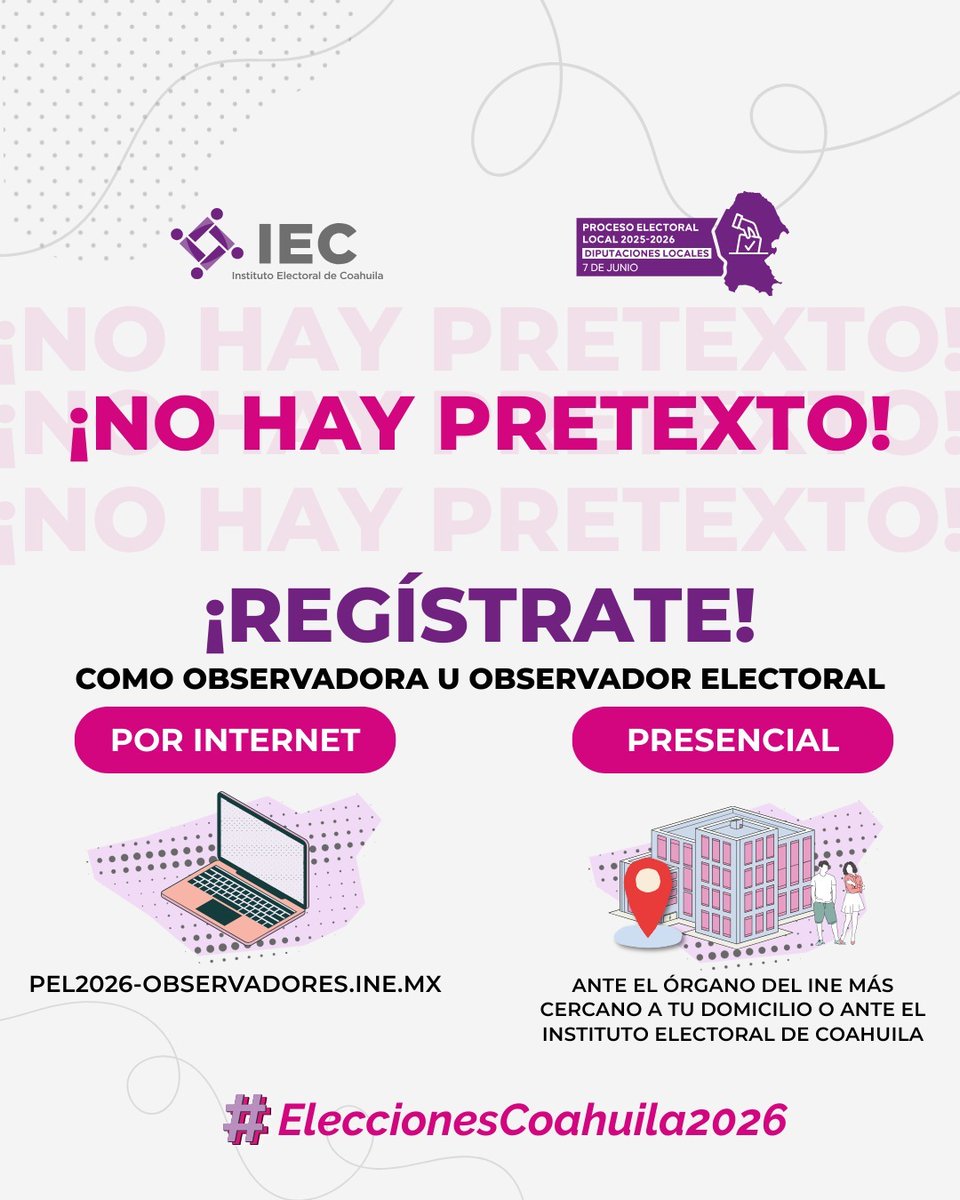 IEC_Coahuila's tweet photo. ¿Aún no te registras como Observador u Observadora Electoral? Recuerda que puedes hacerlo por internet o de manera presencial. ¡No hay pretexto! ¡Con tu participación fortaleces la democracia! ✨ https://t.co/PNKRiqPSEn