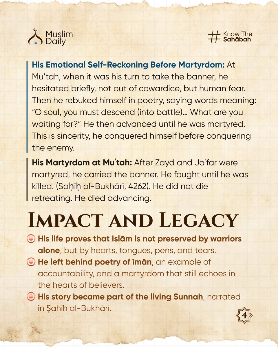 MuslimDaily247's tweet image. He was a heart alive with Qur’ān, a soul that feared hypocrisy more than death, and a servant who walked toward martyrdom with trembling humility and unshakable certainty.

#CompanionsOfTheProphet #SahabahSeries #IslamicHistory #GoldenGeneration #VirtuesOfTheSahabah