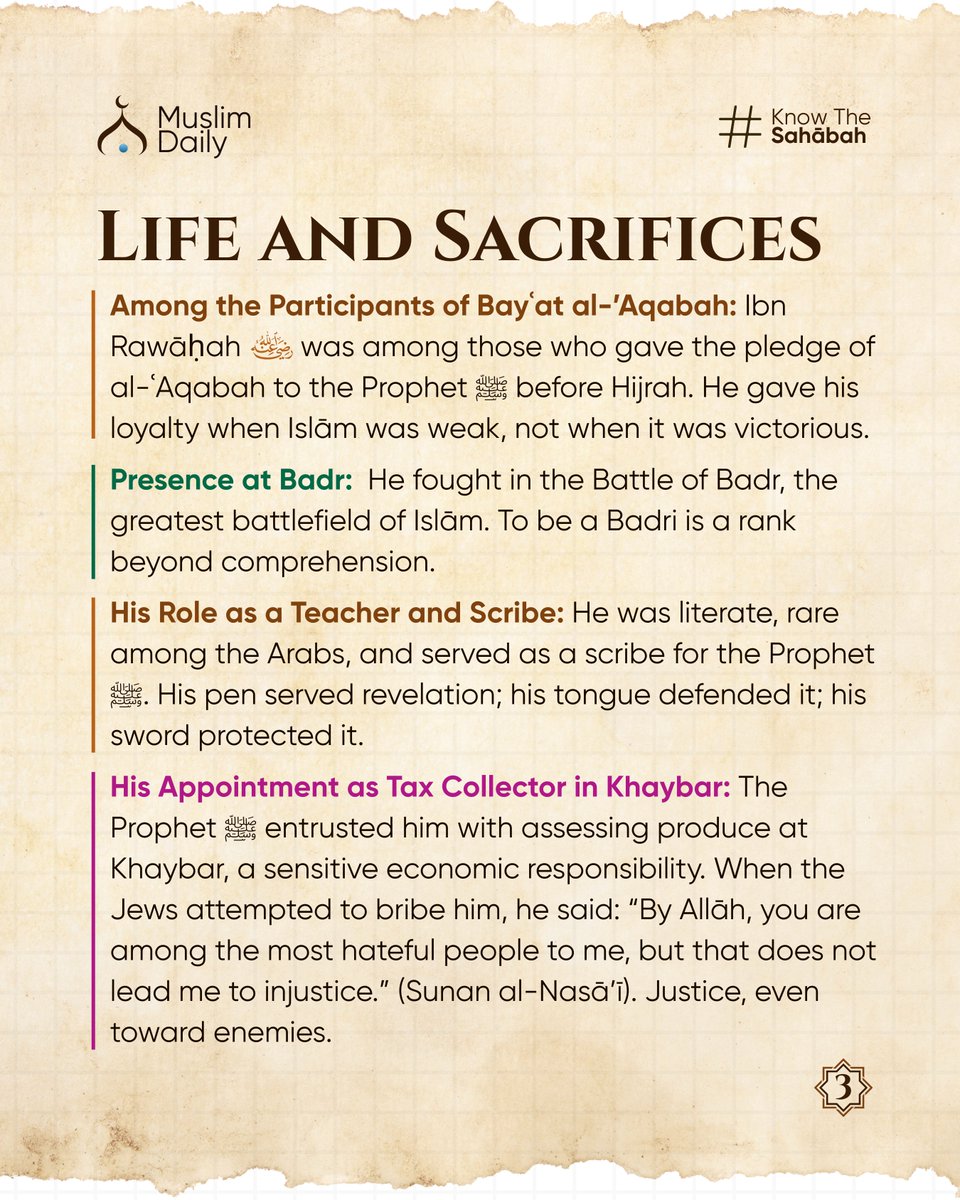 MuslimDaily247's tweet image. He was a heart alive with Qur’ān, a soul that feared hypocrisy more than death, and a servant who walked toward martyrdom with trembling humility and unshakable certainty.

#CompanionsOfTheProphet #SahabahSeries #IslamicHistory #GoldenGeneration #VirtuesOfTheSahabah