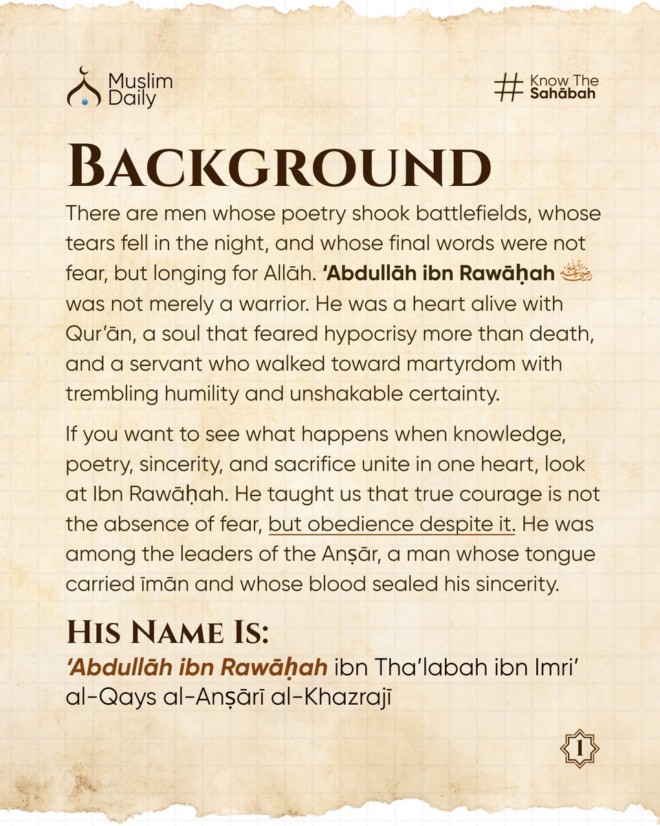 MuslimDaily247's tweet image. He was a heart alive with Qur’ān, a soul that feared hypocrisy more than death, and a servant who walked toward martyrdom with trembling humility and unshakable certainty.

#CompanionsOfTheProphet #SahabahSeries #IslamicHistory #GoldenGeneration #VirtuesOfTheSahabah