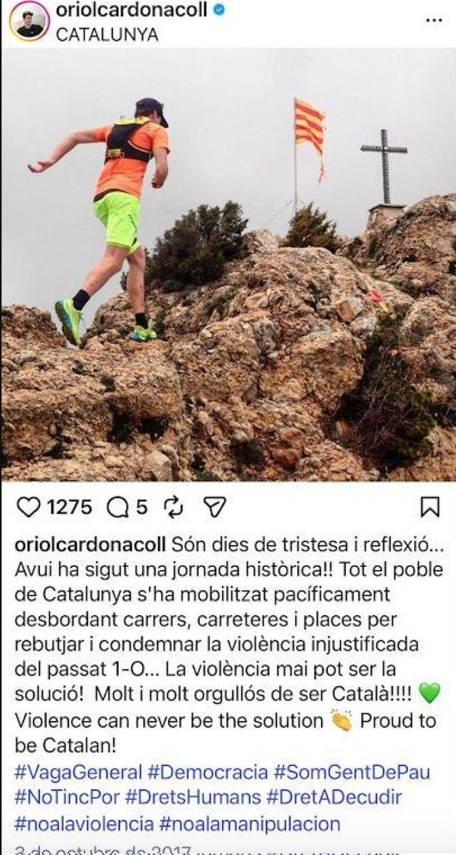 Aquest és Oriol Cardona! Orgullós de ser català i pronunciant-se a favor de la democràcia i contra la violència policial de l'1 d'octubre del 17!