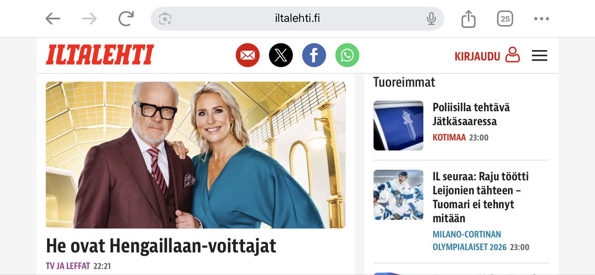 Onnea Matti ja Mervi 🌹#hengaillaan 🏆
Riitta Väisänen ei koskaan voittanut #kymppitonni a
eikä Jukka Virtanen #levyraati a
🤭#iltalehti