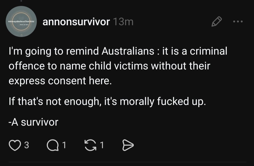 Just a reminder, here in #Australia child victims of sex crimes have rights. Not many, but THIS is important.
It's a criminal offence to identify them unless they have given express consent to do so. 
Naming them also can inadvertently name another connected.
-A survivor