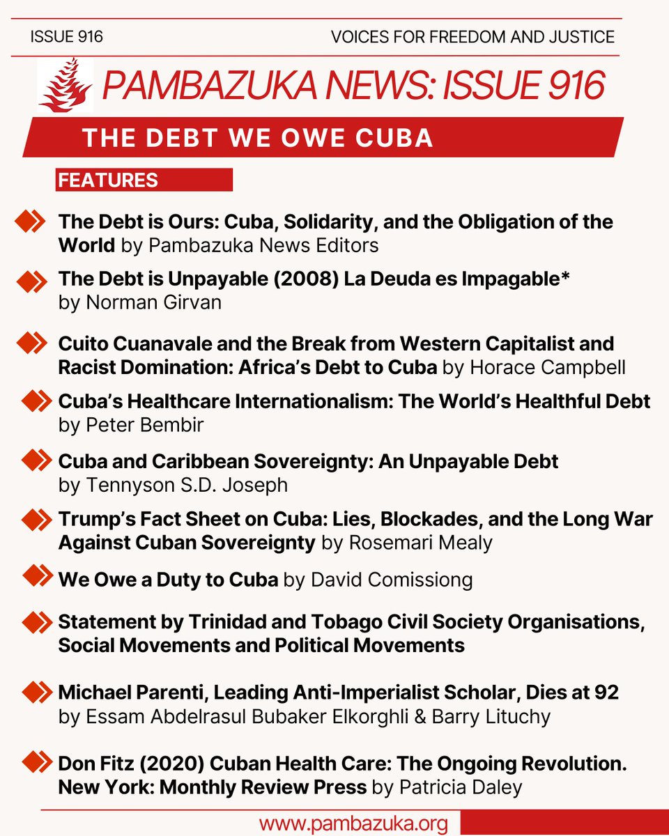 Pambazuka_News's tweet photo. 🔥The Debt is ours and the #Obligation towards Cuba is the world's!
📖What has Cuba contributed to the world, and how should the world respond amid the U.S. embargo?
📚#Issue916 breaks it down👉https://t.co/WbZh5s2rEm
#Cuba #Solidarity #Debt #USA https://t.co/cCMRwZ3DvT