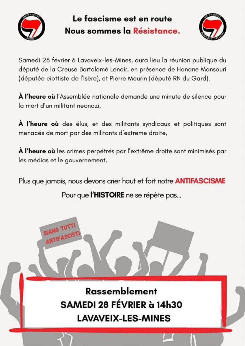 Le collectif antifa de la Creuse appelle à perturber une réunion parlementaire UDR <a href="/bartolenoir/">Bartolomé Lenoir</a>.
