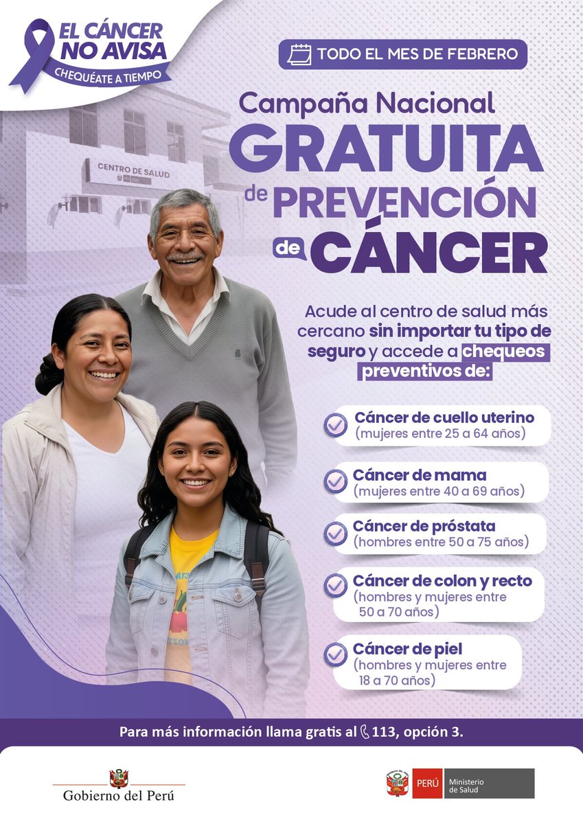 Durante todo el mes de febrero los establecimientos de salud del Minsa continúan con campaña gratuita por despistaje de cáncer.

👉 Exámenes se realizan en todo el país solo presentando el DNI.

📌 Más información: gob.pe/n/1351137