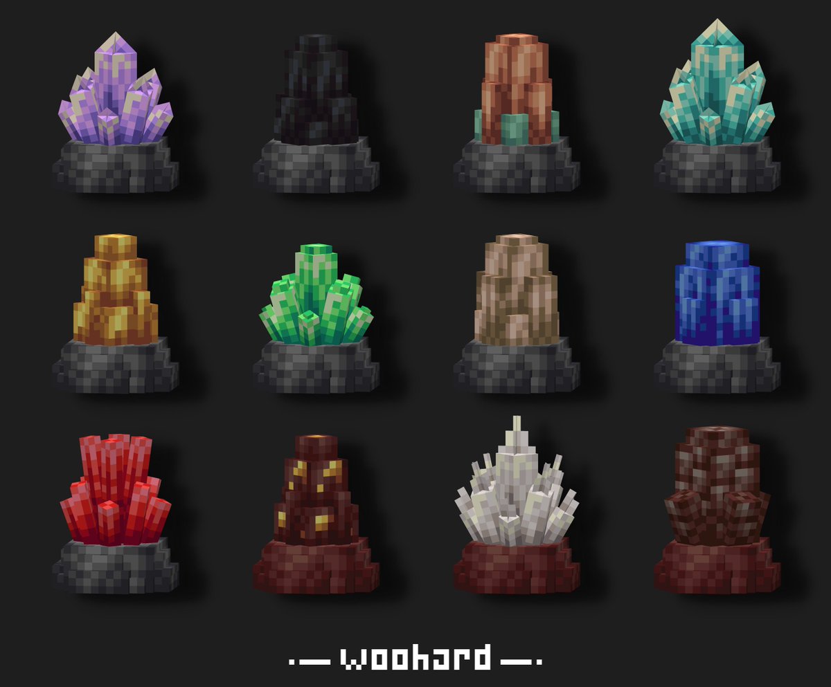 Woohard1's tweet photo. A bunch of custom vanila ore deposits models I made for some minecraft server.
#Blockbench #lowpoly #Minecraft #pixelart #3DModel #Ore https://t.co/q51AAusKDB