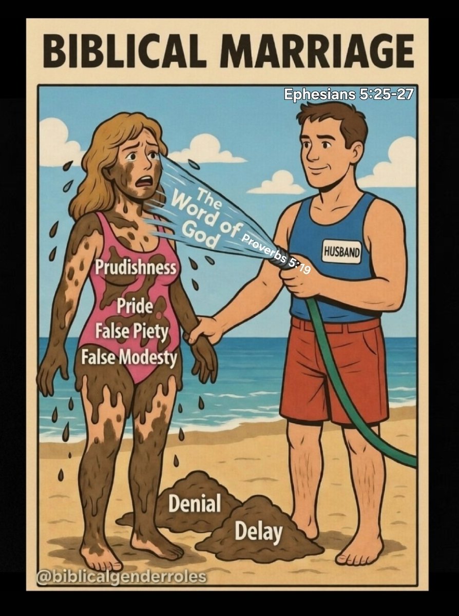 BibGen1's tweet photo. 🚿 A Husband's Love Cleanses—It Doesn't Coddle Prudishness and Pride.

Husbands: This is YOUR calling. Wash your wife with the Word to present her spotless, holy, and pleasing to both yourself and to God (Eph 5:25-27 KJV).

That mud is sin: prudishness, pride, false piety/modesty, denial, delay—fear-based walls blocking vulnerability and your visual/physical delight in her. Your masculine desires are not crude, dirty, or perverted—they are pure and undefiled (Heb 13:4 KJV).

Make no mistake, when a wife is ravishing, sexually intoxicating, her husband - this pleases God.  But when a wife shames her husband for his masculine sexual desires, this displeases God.

God calls her to ravish you as her husband: "be thou ravished always with her love" (Prov 5:19 KJV). Scripture says you are to be intoxicated by your wife—not the reverse. Her prudishness is the very opposite of how God intends her to act toward you.

The Priority is clear: "Neither was the man created for the woman; but the woman for the man." (1 Cor 11:9 KJV)—not him for her. Husbands may show kindness by approaching her relational side at times (as due benevolence), but there are no prerequisites for sex in Christian marriage. 

Husbands have full freedom to desire/approach anytime in your God-designed visual/physical way. Wives have equal freedom to initiate. No deprivation except mutual consent for prayer/fasting (1 Cor 7:3-5 KJV).

Wives: Step out of comfort zones. Respect his visual/physical perspective. Ravish him intentionally—don't insist he meets your emotional needs first before sex.

Husbands: Wash lovingly, persistently—like Christ. Present her glorious.
Wives: Drop pride/fear. Be the ravishing wife who intoxicates him.

Husbands: Tell her clearly what intoxicates you - don't be shy or ashamed of your manly desires.

Wives: Ask honestly, “What can I do to be more ravishing to you? What delights/intoxicates you?” No excuses or shutdowns—obey God's design.

See link in bio for my podcast "A Biblical Guide to Ravishing Your Husband" on https://t.co/ppF5JRvKFw—teaching from Song of Solomon how to be a ravishing wife.

#MarriageAdvice #RelationshipAdvice #BiblicalGenderRoles #Femininity #Masculinity