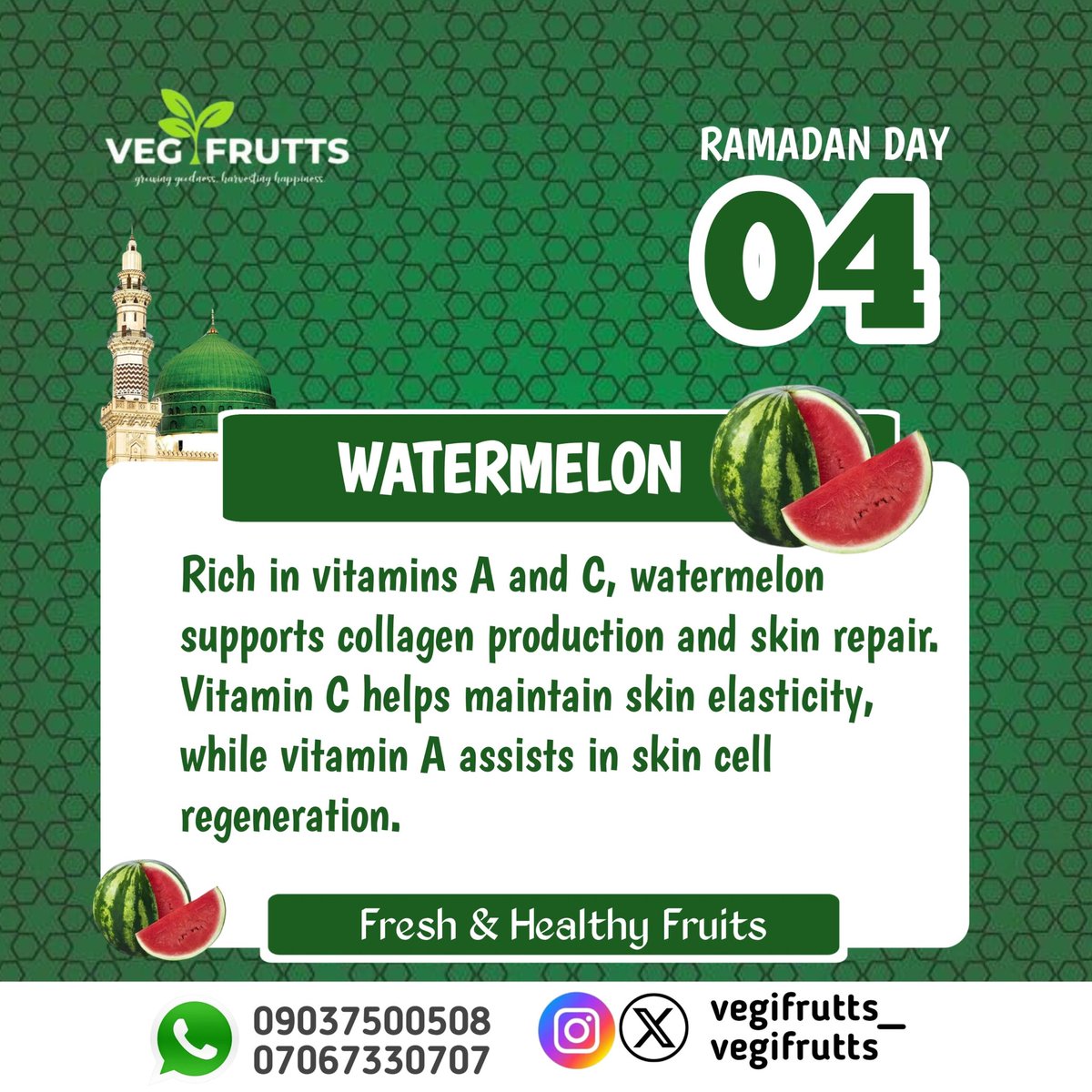 Day 4 : Skin Protection &amp; Glow

Rich in vitamins A and C, watermelon supports collagen production and skin repair. Vitamin C helps maintain skin elasticity, while vitamin A assists in skin cell regeneration

#VEGIFRUTTS 
#ramadan30dayschallenge
#ramadanday4

Ramadan Mubarak