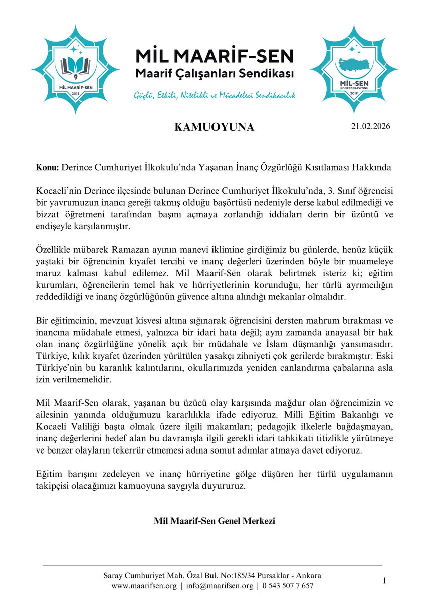 EĞİTİMDE İNANÇ ÖZGÜRLÜĞÜNE MÜDAHALE KABUL EDİLEMEZ!

Derince’de bir ilkokul öğrencisinin başörtüsü nedeniyle derse alınmadığı ve başını açmaya zorlandığı iddiası, eğitimde temel hak ve özgürlükler açısından asla kabul edilemez. Konuya ilişkin kamuoyu açıklamamız…