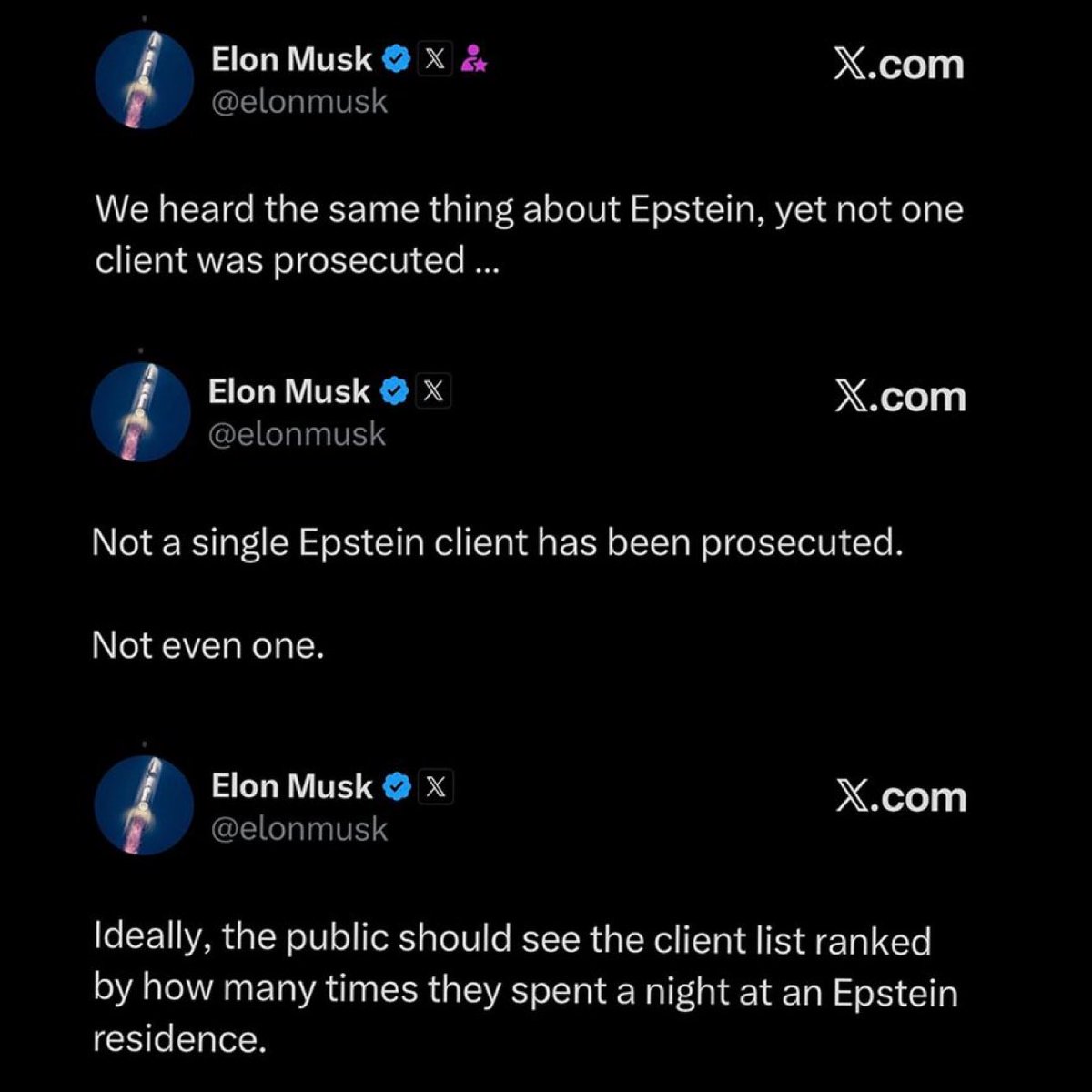 Elon Musk has been calling for the Epstein files to be released and for offenders to be prosecuted for years.

Last year, today, same stance.

Prosecution of the worst offenders.

Why is no one else pushing this hard for prosecution?