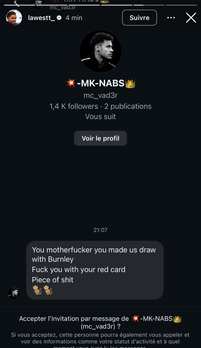 lnstantFoot's tweet photo. 🇫🇷 Wesley Fofana expose les messages racistes reçus sur Instagram. 📲 🤮🤮

On lui envoie tout notre soutien. ✊ https://t.co/LR8t7Tpjom