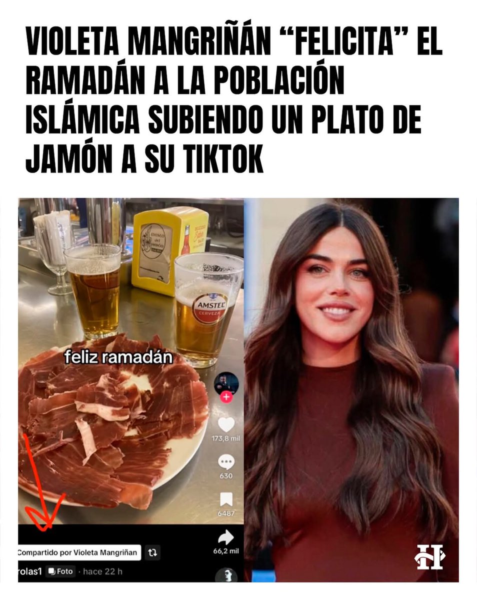 La influencer española Violeta Mangriñán felicita irónicamente el ramadán a la población islámica subiendo a su cuenta de TikTok un plato de jamón.