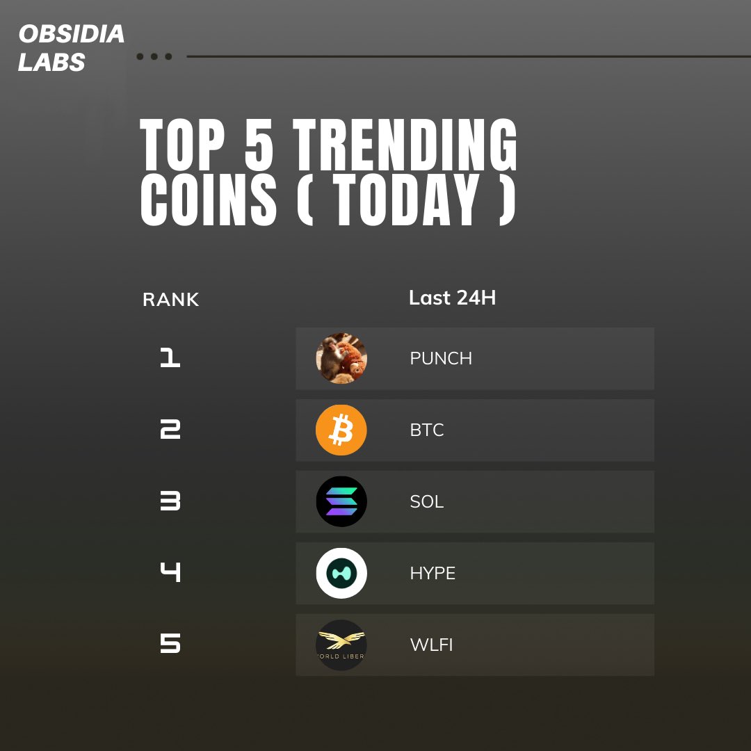 Obsidia_labs's tweet photo. Top 5 Trending Coins (Today) 

1. $PUNCH 
2. $BTC 
3. $SOL 
4. $HYPE 
5. $WLFI https://t.co/MW5ondYR8A