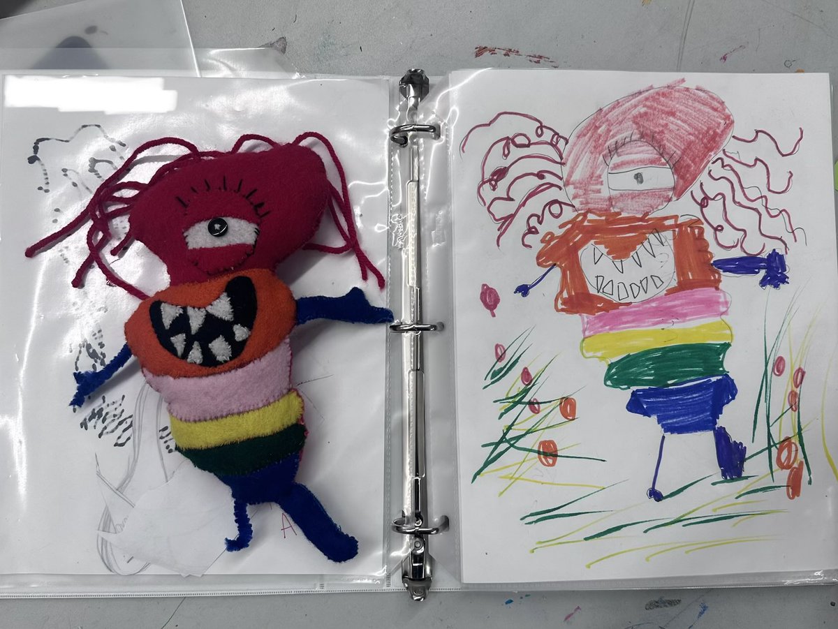 SaintRPh's tweet photo. My daughter is a high school art teacher. Recently she worked with the kindergarten art teacher and she had her kindergarteners draw monsters. My daughter had her high school students sew plushies of the kindergartners’ creations. https://t.co/ijdOu9fF60