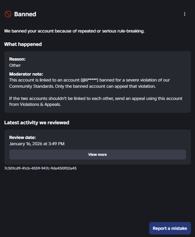 audri35334's tweet photo. @DavidBaszucki @DavidBaszucki @Roblox 
Your AI moderation gave my 2018 account iilovvcattss an enforcement ban because of my sibling's ban. 

I had nothing to do with it and every appeal i sent gets rejected even on my sibling's one where all they basically say is that they don't know nothing. https://t.co/gQwQV8l64f