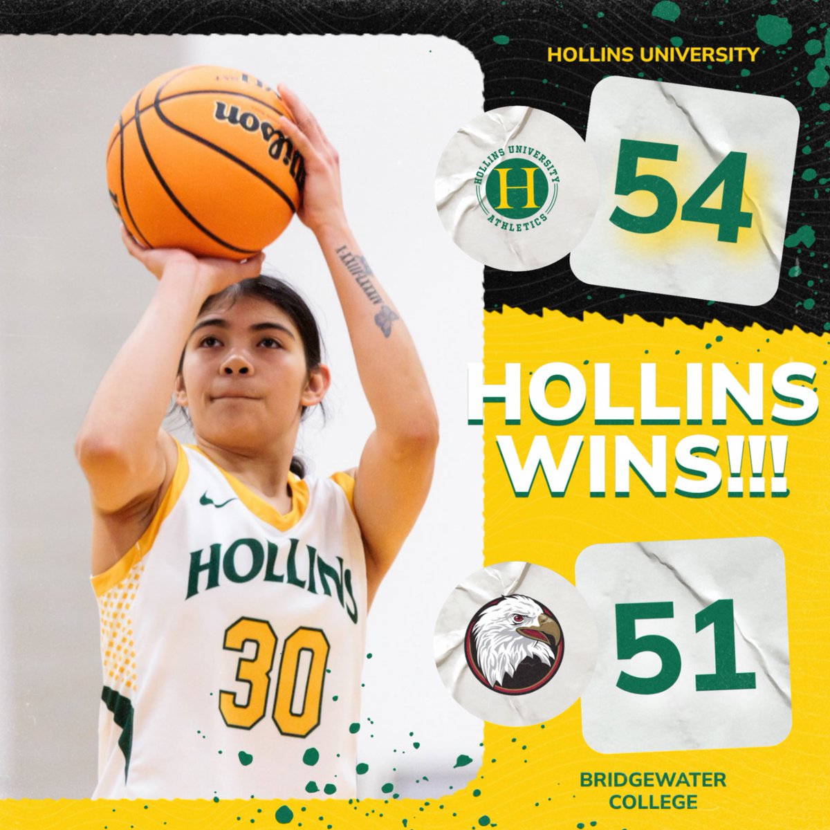 HollinsSports's tweet photo. HOLLINS WINS!!!
@hollinshoops picks up their 16th win of the season with a 54-51 win over Bridgewater. With the win, @hollinssports claims the #6 seed in the upcoming 2026 @odacathletics Women's Basketball Tournament.

#MyHollins
#GoGreenStayGold
#D3hoops https://t.co/lF2Yj0AZYS