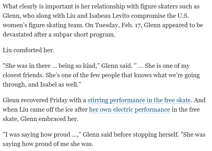 This is pathetic cope. The right attacked Alysa Liu's close friend and colleague Amber Glenn for having the same exact politics as Liu, then sadistically cheered when Glenn faltered. Liu was actually comforting Glenn while the right gloated. These people are only pretending like