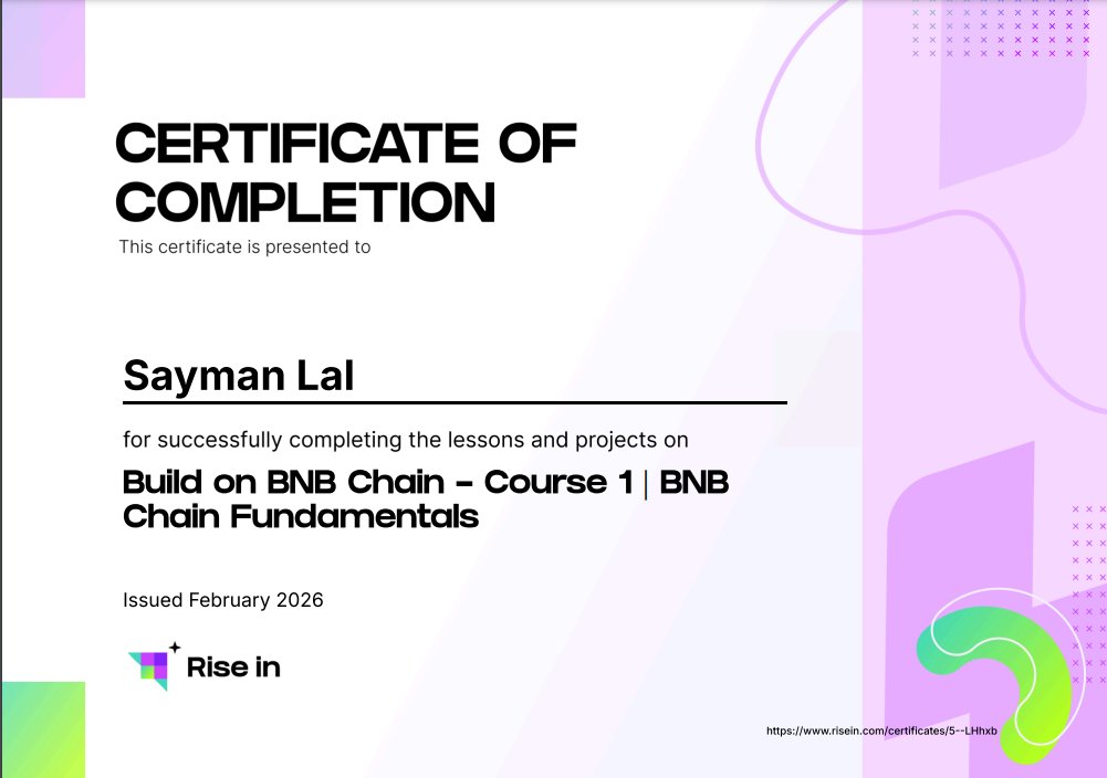 🚀 Build on BNB Chain — Course 1 | Fundamentals

Following up — <a href="/apna_coding/">Apna Coding</a> 

Completed Course 1 from Rise In:
• Core BNB concepts
• Network &amp; consensus
• Smart contracts &amp; dApps

Foundations first. Step 1 ✅ Ready to build on <a href="/BNBCHAIN/">BNB Chain</a> .

- <a href="/riseinweb3/">✨ Rise In</a> 
#BNBChain #Web3