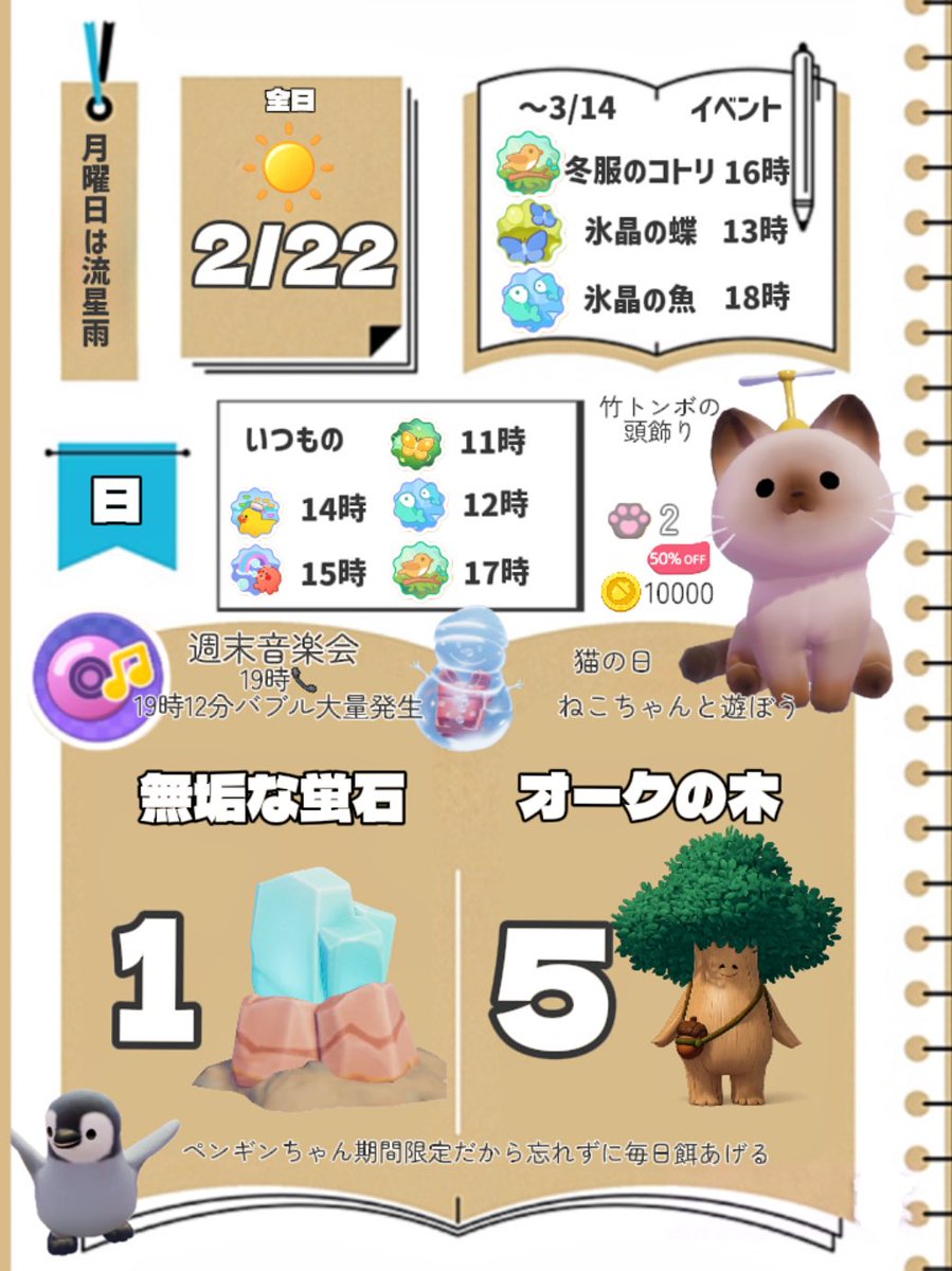 今日2/22のハートピア

無垢な蛍石　オークの木　場所

#ハートピア　#heartopia  #ハートピアスローライフ