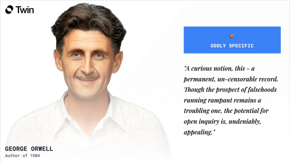 _merdikim's tweet photo. took time yesterday to discuss with Orwell’s twin about the challenges that could emerge if true and false information could be kept in censorship resistant manner
#ODDLYSPECIFIC #🎯ODDLYSPECIFIC https://t.co/NMwW3UODuk