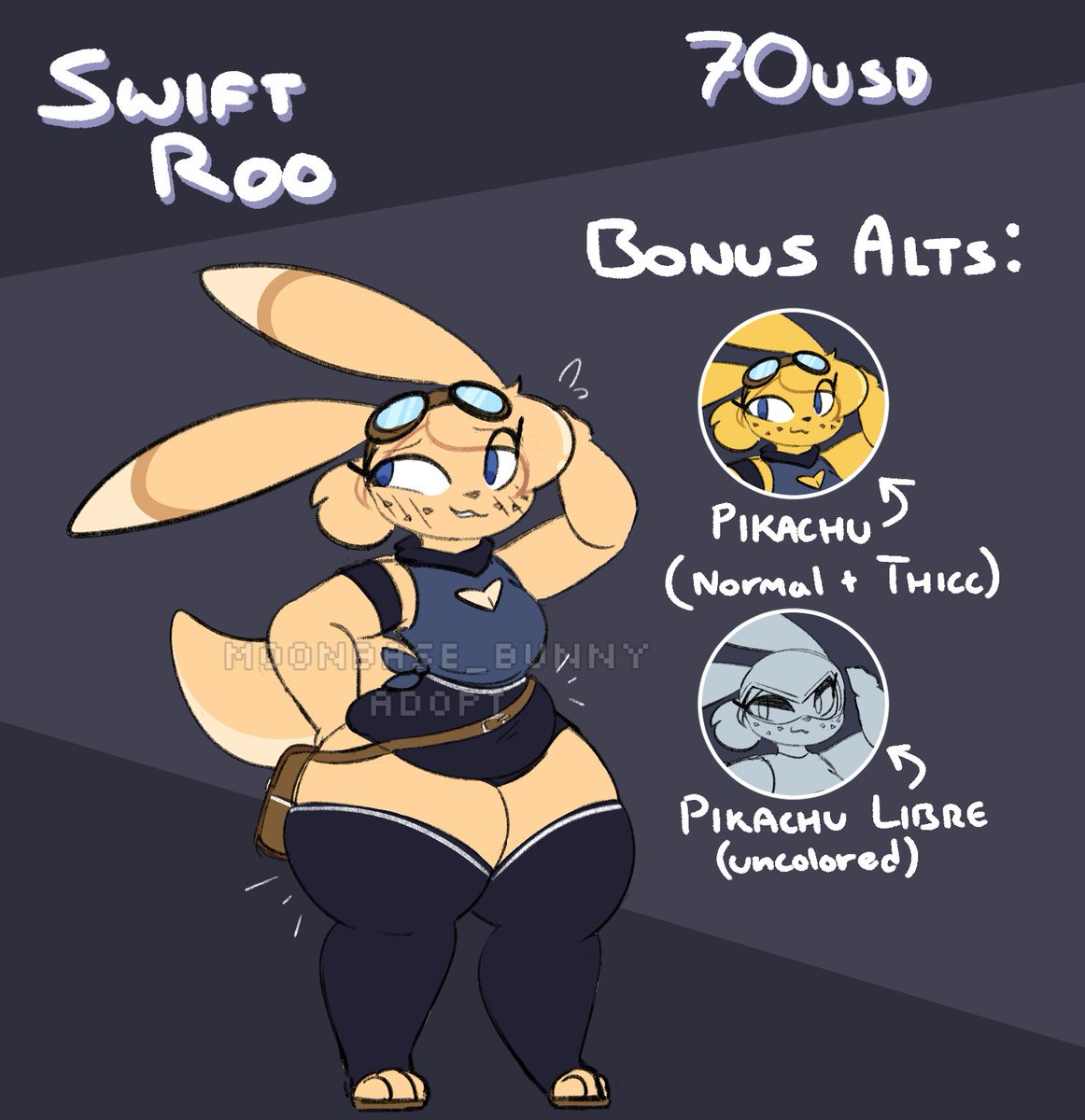 Moonbase_Bunny's tweet photo. New a/dopt - Swift Roo~

Comes with Pikachu alts and a thicc alt (seen in second image)
Message if interested! :3 https://t.co/Kk99ejnNMt
