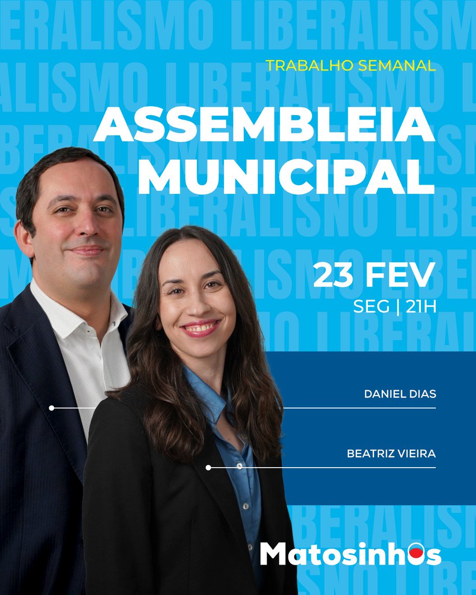 🔴🔵 Assembleia Municipal
📅 23 de fevereiro (segunda) | 21H00
👥 Deputados: Beatriz Vieira e Daniel Dias

Por ti, Matosinhos.