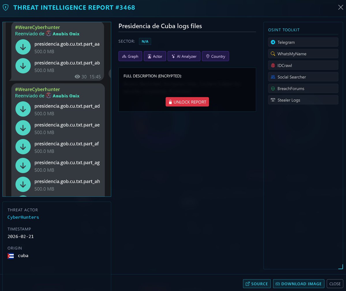🚨 BREAKING: Alleged Data Leak Targets Presidency of Cuba Portal 🚨

Victim: Presidencia de Cuba (presidencia.gob.cu) 🇨🇺
Threat Actor: CyberHunters (forwarded via Anubis Onix)
Timestamp: February 21, 2026
Sector: N/A (Government)
Volume: Multiple 500 MB log file segments