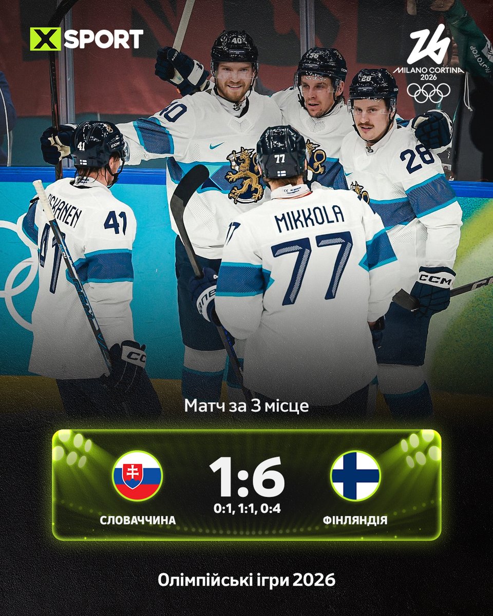 🏒 Збірна Фінляндії – бронзовий призер зимової Олімпіади-2026 🥉

Олімпіада-2026, чоловіки. Матч за 3 місце.
🇸🇰 Словаччина – Фінляндія 🇫🇮 – 1:6 (0:1, 1:1, 0:4)

#Olympics #MilanoCortina2026
