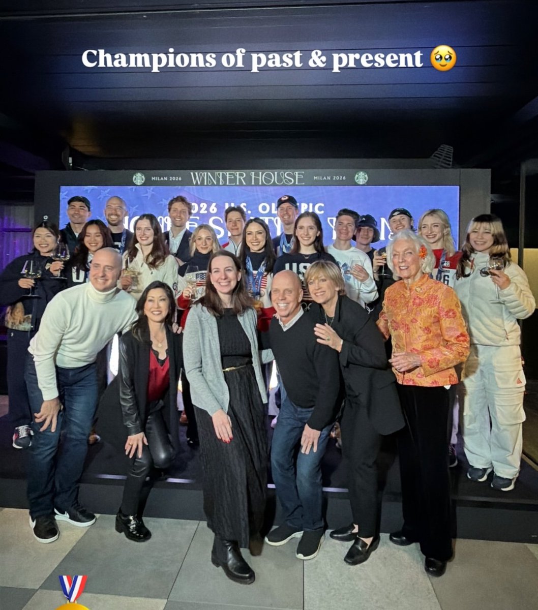 Ilia Malinin in a photo with Emily Chan, Spencer Howe, Danny O'Shea, Ellie Kam, Christina Carreira, Anthony Ponomarenko, Emilia Zingas, Vadym Kolesnik, Madison Chock, Evan Bayes, Isabeau Levito, Andrew Torgashev, Amber Glenn, Alysa Liu, Brian Boitano, Kristi Yamaguchi, Sarah