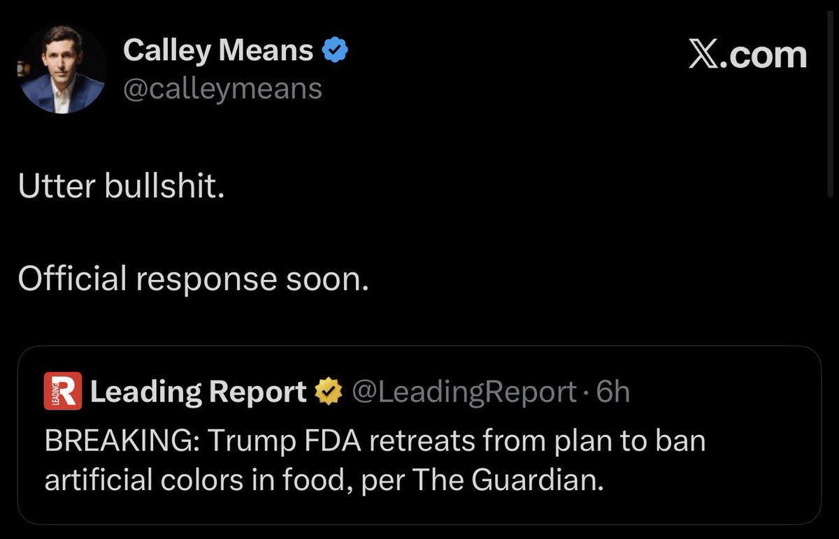 WallStreetApes's tweet photo. BREAKING: Senior Advisor for Health and Human Services Calley Means says the FDA is NOT going to loosen policies on restricting artificial colors regulations in foods

This is one of the top stories being shared by many liberal influencers today. It’s FALSE https://t.co/ydaRRxasnL