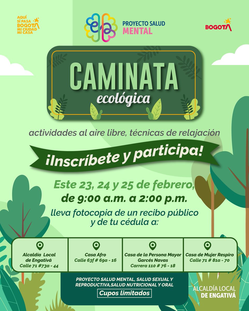 A veces necesitamos bajar el ritmo, respirar profundo y relajarnos.

Vive un espacio de bienestar emocional y conexión con la naturaleza en una caminata ecológica.

📅¿Quieres participar? Inscríbete del 23 al 25 de febrero presencialmente en nuestras instalaciones.