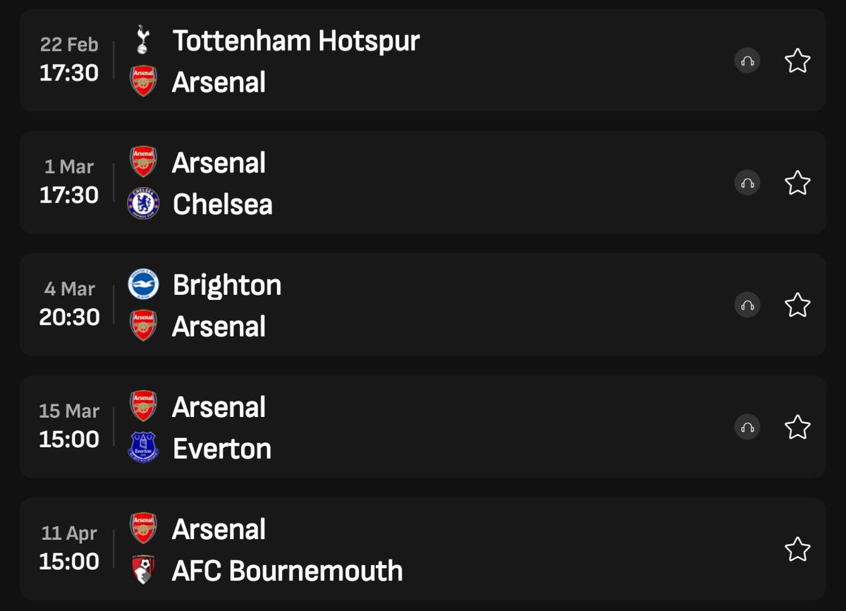 Arsenal next 5 games