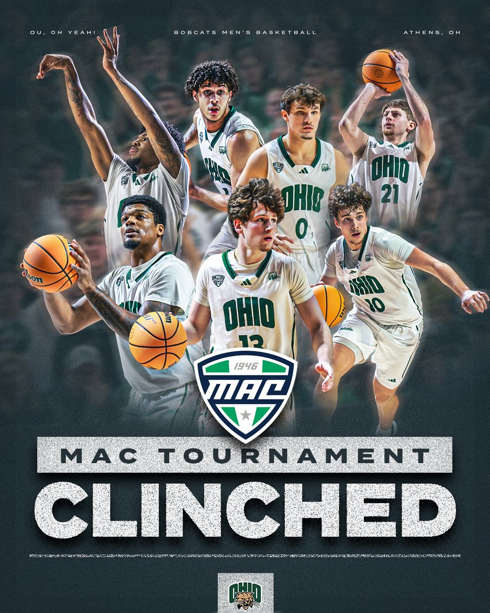 OhioMBasketball's tweet photo. 𝙃𝙀𝘼𝘿𝙀𝘿 𝘽𝘼𝘾𝙆 𝙏𝙊 𝙏𝙃𝙀 𝙇𝘼𝙉𝘿!

With today's win at NIU, the Bobcats have clinched a spot in the 2026 MAC Tournament in Cleveland!

#OUohyeah https://t.co/hb76U1eR9F